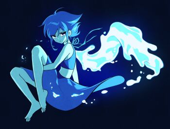 1girl ahoge backlighting bare_arms barefoot blue_background blue_eyes blue_hair blue_ribbon blue_shirt blue_skin blue_skirt blue_theme closed_mouth colored_skin commentary crop_top feet from_side full_body gem_(steven_universe) highres knees_up lapis_lazuli_(steven_universe) looking_at_viewer midriff ribbon shirt short_hair sidelocks simple_background skirt solo steven_universe touchme_midas triangle-shaped_hair water water_wings
