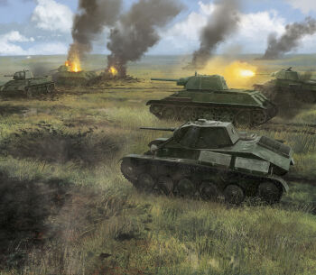 battle blue_sky broken cannon day edouard_groult firing grass grasslands highres horizon landscape military_vehicle motor_vehicle muzzle_flash no_humans original painterly scenery sky steppe t-34 tank vehicle_request world_war_ii
