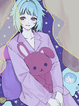 blue_background blue_hair curtains ensemble_stars! holding holding_stuffed_toy light_blush looking_at_viewer pajamas pillow purple_eyes purple_sky shino_hajime sky sonoda36 star_(sky) stuffed_animal stuffed_toy