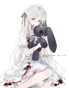 Rule 34 | 1girl, ahoge, aka kan, black eyes, blood, blood on clothes, blood on face, character name, commentary, dress, hair ribbon, highres, holding, holding stuffed toy, kasugano sora, long hair, looking at viewer, puffy short sleeves, puffy sleeves, ribbon, short sleeves, simple background, solo, stuffed animal, stuffed rabbit, stuffed toy, symbol-only commentary, white background, white dress, white hair, yosuga no sora