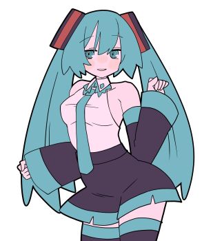 1girl aqua_eyes aqua_hair aqua_necktie bare_shoulders breasts detached_sleeves hatsune_miku high-waist_skirt highres long_hair looking_at_viewer necktie parted_lips ringed_eyes shirt simple_background skirt sleeveless sleeveless_shirt solo thighhighs twintails uraya0 vocaloid white_background white_shirt wide_sleeves zettai_ryouiki