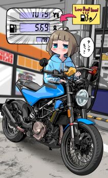 1girl ahoge blue_eyes blue_hoodie blunt_bangs blush brown_hair drawstring gas_pump gas_pump_nozzle gas_station holding hood hood_down hoodie jitome motor_vehicle motorcycle original shadow solo wakamizu