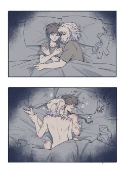 2girls ahuan_00 between_legs bite_mark bite_mark_on_shoulder black_hair black_shirt blue_streaks blush braid commentary cuddling enid_sinclair hand_on_another&#039;s_shoulder highres holding_another&#039;s_wrist multiple_girls pajamas pillow pink_streaks shirt sleeping stuffed_unicorn the_addams_family twin_braids under_covers wednesday_(netflix) wednesday_addams white_hair yuri