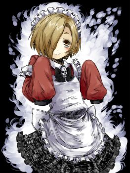 10s 1girl apron aura bad_id bad_pixiv_id bags_under_eyes black_pantyhose blonde_hair blouse blush brown_eyes earrings female_focus hair_over_one_eye hood hoodie idolmaster idolmaster_cinderella_girls japanese_clothes jewelry kimono long_sleeves looking_at_viewer mada_yowai maid maid_apron maid_headdress ofuro_mantarou pantyhose red_shirt ribbon shirasaka_koume shirt short_hair skull sleeves_past_wrists smile solo yukata