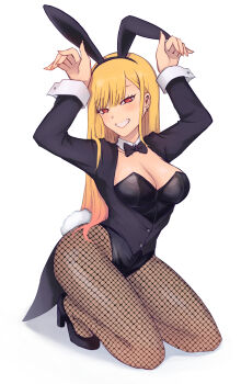 1girl animal_ear_hairband animal_ears arms_up black_bow black_bowtie black_leotard blonde_hair bow bowtie breasts cleavage earrings fake_animal_ears fishnet_pantyhose fishnets full_body grin hairband highres jewelry kitagawa_marin kneeling leotard long_hair looking_at_viewer lulala615 medium_breasts pantyhose playboy_bunny rabbit_ear_hairband rabbit_ears rabbit_pose rabbit_tail red_eyes simple_background smile solo sono_bisque_doll_wa_koi_wo_suru tail tailcoat teeth very_long_hair white_background