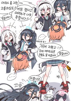 >_< ... 3girls absurdres ahoge anger_vein aris_(blue_archive) black_hair black_hairband black_jacket black_skirt blazer blue_archive blue_necktie braid chilong_(heronas) commentary_request doyagao facing_another hair_between_eyes hairband halo highres jacket kei_(blue_archive) kei_(new_body)_(blue_archive) korean_commentary long_hair_between_eyes multiple_girls necktie neru_(blue_archive) orange_hair pleated_skirt red_shoes school_uniform shirt shoes single_braid skirt smug sneakers speech_bubble spoken_ellipsis translation_request white_hair white_jacket white_shirt