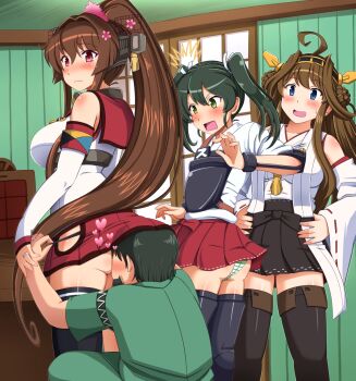 10s 1boy 3girls artist_self-insert ass bad_id bad_pixiv_id bare_shoulders black_panties blue_eyes boots breasts brown_hair detached_sleeves double_bun green_eyes green_hair hair_bun hands_on_own_hips head_on_ass highres japanese_clothes jewelry kantai_collection kongou_(kancolle) large_breasts long_hair miniskirt multiple_girls nontraditional_miko panties red_eyes ring shin'en-san_(shin'en) shin'en_(gyokuro_company) skirt striped_clothes striped_panties thigh_boots thighhighs twintails underwear very_long_hair wedding_band yamato_(kancolle) zettai_ryouiki zuikaku_(kancolle)