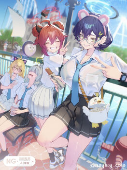 4girls ^_^ against_railing ahoge amusement_park aqua_necktie balloon black_hair black_skirt blonde_hair blue_archive blurry blurry_background blush breasts chihiro_(blue_archive) churro closed_eyes commentary_request cup disposable_cup double_bun exhausted ferris_wheel fire_hydrant grey_hair grey_skirt grin hair_bun hair_intakes halo hare_(blue_archive) holding holding_cup hoyhoy_colo kotama_(blue_archive) large_breasts looking_at_viewer maki_(blue_archive) miniskirt multiple_girls necktie on_bench open_collar peroro_(blue_archive) pleated_skirt railing red_hair roller_coaster school_uniform shirt shirt_tucked_in sitting skirt smile standing twitter_username v veritas_(blue_archive) w watch white_shirt wristwatch