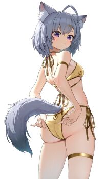 1girl absurdres adjusting_clothes adjusting_swimsuit ahoge animal_ear_fluff animal_ears arm_strap ass bare_shoulders bikini blush bowsan breasts commentary commission cowboy_shot english_commentary facial_mark flipsie_(vtuber) fox_ears fox_girl fox_tail from_behind from_side gold_bikini grey_bikini grey_hair grey_tail hair_between_eyes hair_ornament hairclip halterneck highres huge_ahoge indie_virtual_youtuber looking_at_viewer medium_breasts parted_lips purple_eyes second-party_source short_hair side-tie_bikini_bottom simple_background solo standing swimsuit tail teeth thigh_strap turning_head virtual_youtuber white_background