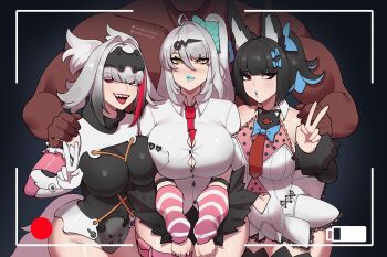 Rule 34 | 1boy, 3girls, animal ears, aria (zenless zone zero), aria (zenless zone zero) (cosplay), black hair, breasts, brown eyes, character request, check character, collared shirt, commentary, cosplay, dark-skinned male, dark skin, english commentary, highres, hoshimi miyabi, large breasts, looking at viewer, maybe its mayvi, multiple girls, nangong yu, nangong yu (cosplay), open mouth, red eyes, shirt, sunna (zenless zone zero), sunna (zenless zone zero) (cosplay), teeth, upper teeth only, v, viewfinder, white hair, white shirt, ye shunguang, yixuan (zenless zone zero), zenless zone zero
