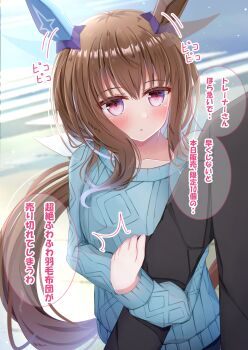 1boy 1girl admire_vega_(casual)_(umamusume) admire_vega_(umamusume) animal_ears black_jacket blue_sweater blush breasts brown_hair collarbone commentary_request ear_covers ears_wagging hair_between_eyes highres holding_another's_arm horse_ears horse_girl horse_tail jacket long_hair long_sleeves lpikamasi parted_lips ponytail purple_eyes single_ear_cover speech_bubble sweater tail translation_request umamusume variant_set