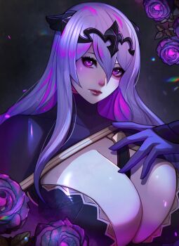 1girl between_breasts breasts camilla_(fire_emblem) cleavage fire_emblem fire_emblem_fates flower hand_on_own_chest huge_breasts long_hair looking_at_viewer nintendo purple_eyes purple_hair rose solo strap_between_breasts tiara wavy_hair xuuikie_ashe