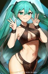 Rule 34 | 1girl, aqua eyes, aqua hair, bare shoulders, breasts, chocojax, commentary, cowboy shot, criss-cross halter, double w, halterneck, hands up, hatsune miku, highres, long hair, looking at viewer, medium breasts, navel, pelvic curtain, smile, solo, standing, stomach, thighs, twintails, very long hair, vocaloid, w, wristband