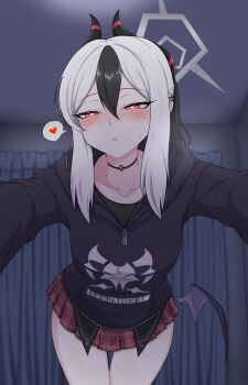 1girl black_choker black_hair black_hoodie blue_archive blurry blurry_background blush choker clothes_writing collarbone commentary_request cowboy_shot demon_girl demon_horns demon_wings double-parted_bangs ear_piercing english_text eyelashes foreshortening heart heart-shaped_pupils highres hood hood_down hoodie horns incoming_kiss indoors kare_katsu kayoko_(blue_archive) leaning_forward long_hair long_sleeves low_wings miniskirt mole mole_on_neck multicolored_hair parted_lips piercing plaid_clothes plaid_skirt pleated_skirt ponytail pov red_eyes red_skirt sidelocks single_wing skirt solo speech_bubble spoken_heart straight-on sweatdrop symbol-shaped_pupils thigh_gap tsurime two-tone_hair white_hair wings zipper
