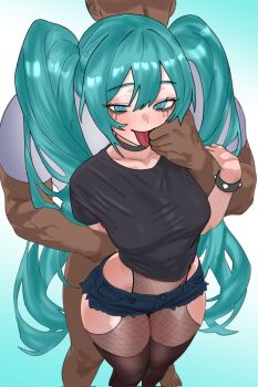 1boy 1girl aqua_eyes aqua_hair black_shirt black_thighhighs blue_shorts bodystocking breasts dark-skinned_male dark_skin denim denim_shorts fishnet_bodystocking fishnets grabbing_another's_face hatsune_miku head_grab hetero highres implied_sex interracial kanoji_(ni_kanojo) long_hair makeup medium_breasts runny_makeup shirt short_shorts shorts thighhighs tongue twintails very_dark_skin very_long_hair vocaloid