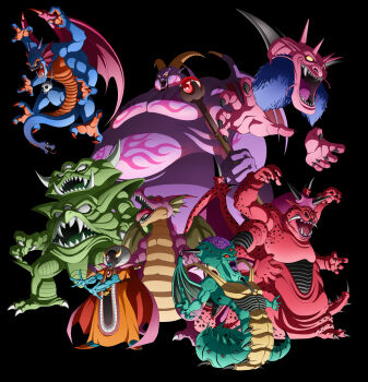 Rule 34 | 6+boys, absurdres, bat wings, black background, black sclera, blue skin, brain, cape, colored sclera, colored skin, commentary request, death pisaro, disembodied hand, dragon, dragon lord, dragon quest, dragon quest i, dragon quest ii, dragon quest iii, dragon quest iv, dragon quest v, dragon quest vi, dragon quest vii, dragon quest viii, exposed brain, extra arms, facial hair, fake horns, fingernails, fins, floating head, head fins, helmet, highres, holding, holding staff, horned helmet, horns, jewelry, kamakiri, mildrath, monster, monster focus, mortamor, multiple boys, necklace, no humans, no pupils, open mouth, orange robe, orgo demira, pink cape, pointy ears, red sclera, rhapthorne, robe, sharp fingernails, sharp teeth, sidoh, skull necklace, snake tail, spikes, staff, tail, teeth, third eye, tongue, tongue out, wings, yellow sclera, zoma