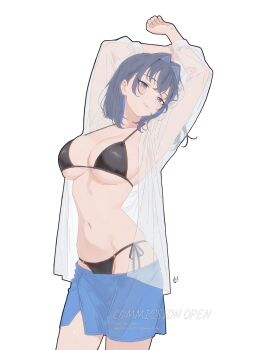 absurdres arms_up bikini black_bikini blue_eyes blue_hair breasts cleavage clothing_request colored_inner_hair commentary_request hair_intakes highres hololive hololive_english large_breasts multicolored_hair navel ouro_kronii rcade stomach swimsuit thighs underboob virtual_youtuber