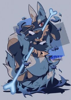 1other absurdres black_fur blue_fur bone closed_mouth furry gen_4_pokemon highres holding holding_bone looking_at_viewer lucario multicolored_fur nintendo pokemon pokemon_(creature) pokemon_focus red_eyes rushin simple_background smile snout solo spikes tail yellow_fur