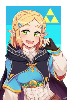 1girl absurdres black_cape black_gloves blonde_hair blue_background braid breasts cape commentary_request crown_braid fingerless_gloves galois gloves green_eyes hair_ornament hairclip hand_in_own_hair highres medium_breasts nintendo open_mouth princess_zelda signature smile solo the_legend_of_zelda the_legend_of_zelda:_tears_of_the_kingdom thick_eyebrows triforce upper_body