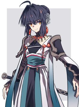 Rule 34 | 1other, ahoge, androgynous, arm guards, black hair, braid, braided bun, bridal gauntlets, dress, earrings, fate/samurai remnant, fate (series), feminization, fishnet bridal gauntlets, hair bun, highres, japanese clothes, jewelry, magatama, magatama earrings, necklace, official alternate hairstyle, orange eyes, ruko072, shoulder guard, sidelocks, smile, solo, sword, sword on back, weapon, weapon on back, white dress, yamato takeru (fate), yamato takeru (phantasmal dress) (fate)