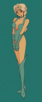 Rule 34 | 1girl, bare shoulders, beruche (sailor moon), bishoujo senshi sailor moon, bishoujo senshi sailor moon r, black moon clan, blue eyes, boots, braid, braided ponytail, breasts, choker, commentary request, crescent, crescent facial mark, crystal earrings, earrings, elbow gloves, facial mark, film grain, full body, gloves, jewelry, knee boots, leotard, long hair, looking at viewer, pikurusu, solo, white hair