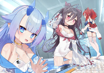 +_+ 3girls absurdres animal_ears antenna_hair azur_lane black_hair blue_eyes blue_hair blue_horns breasts cat_ears cat_girl covered_navel cross_hair_ornament hair_flaps hair_ornament hand_up highres horns i-13_(azur_lane) i-168_(azur_lane) i-19_(azur_lane) jacket large_breasts long_hair looking_at_viewer marimo_daifuku multiple_girls off_shoulder one-piece_swimsuit partially_submerged pool poolside red_eyes red_hair school_swimsuit see-through_clothes see-through_sleeves short_eyebrows swimsuit symbol-shaped_pupils thick_eyebrows thighhighs translucent_horns wet white_jacket white_one-piece_swimsuit white_thighhighs x-shaped_pupils