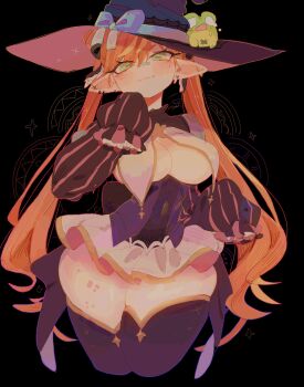 1girl bandaid bandaid_on_face bandaid_on_nose black_background black_dress blush breast_curtains breasts closed_mouth commentary commission cropped_legs curvy dress ear_piercing english_commentary green_eyes hair_between_eyes hat highres indie_virtual_youtuber kreepan_(vtuber) large_breasts long_hair long_sleeves looking_at_viewer narrow_waist orange_hair parted_bangs piercing pointy_ears purple_dress purple_hat purple_thighhighs short_dress sleeves_past_fingers sleeves_past_wrists smile solo thick_thighs thighhighs thighs twintails two-tone_dress usa37107692 virtual_youtuber witch witch_hat