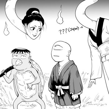 1girl 2boys absurdres bb_(baalbuddy) cucumber cyclops eating food greyscale hair_bun highres holding holding_food japanese_clothes japanese_mythology kappa kimono looking_at_another monochrome multiple_boys one-eyed rokurokubi sash single_hair_bun turtle_shell