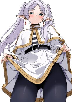 1girl absurdres belt black_belt black_pantyhose blush capelet clothes_lift dress dress_lift earrings elf frieren ge7f green_eyes highres jewelry lifting_own_clothes looking_at_viewer pantyhose parted_bangs pointy_ears simple_background solo sousou_no_frieren sweatdrop thick_eyebrows twintails white_background white_capelet white_dress white_hair