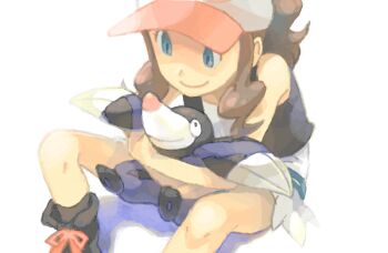Rule 34 | bad drawr id, bad id, blue eyes, drilbur, gen 5 pokemon, hat, hilda (pokemon), holding, holding pokemon, looking at another, nintendo, oekaki, pokemon, pokemon (creature), pokemon bw, simple background, smile, white hat, yapo (mess)