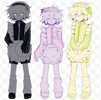 3boys alternate_costume antenna_hair apron basil_(faraway)_(omori) basil_(headspace)_(omori) basil_(omori) blush bow checkered_background closed_eyes closed_mouth double-parted_bangs dual_persona enmaided expressionless hair_between_eyes hair_bow highres holding holding_plate long_sleeves maid maid_apron maid_headdress male_focus mo42144 multiple_boys multiple_monochrome omori open_mouth plate shoes short_hair shorts simple_background smile socks stranger_(omori) sweatdrop zipper zipper_pull_tab