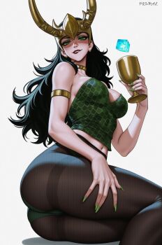 1girl ai-assisted armlet artist_name ass black_hair black_pantyhose breasts chalice commentary cup english_commentary eyeshadow fake_horns gold_armlet gold_choker green_eyes green_eyeshadow green_nails green_shirt highres holding holding_cup horned_headwear horns jewelry lady_loki long_hair looking_at_viewer makeup marvel marvel_rivals medium_breasts navel pantyhose prixmal shirt simple_background solo strapless strapless_shirt tesseract white_background