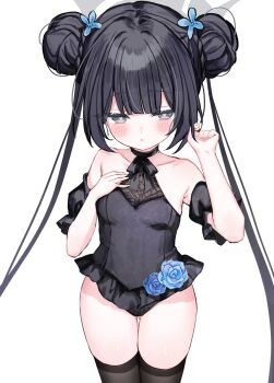 1girl absurdres bare_shoulders black_hair black_leotard blue_archive blue_flower blush brown_thighhighs detached_sleeves flower frills grey_eyes grey_halo hair_bun hair_flower hair_ornament halo hand_in_own_hair hand_on_own_chest highres kisaki_(blue_archive) kisaki_(dress)_(blue_archive) lace leotard long_hair open_mouth shouu-kun simple_background sleeveless thighhighs white_background