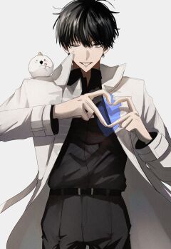 1boy ;d absurdres animal animal_on_shoulder belt biyoo_(omniscient_reader&#039;s_viewpoint) black_eyes black_hair black_shirt coat collared_shirt cowboy_shot heart heart_hands highres kim_dokja looking_at_viewer male_focus omniscient_reader&#039;s_viewpoint one_eye_closed open_clothes open_coat open_mouth popped_collar qxt7_ft shirt shirt_tucked_in short_hair smile solo white_coat