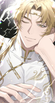 Rule 34 | 1boy, ;), aegyo sal, blonde hair, changpao, chinese clothes, chromatic aberration, curtained hair, double-parted bangs, gold trim, hair over shoulder, hand on own chest, hand up, head rest, headband, highres, kim dokja, lens flare, lightning, low ponytail, male focus, mandarin collar, official alternate costume, omniscient reader's viewpoint, one eye closed, ponytail, smile, solo, sun wukong (omniscient reader's viewpoint), tanppopo9, upper body, yellow eyes