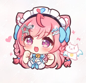 1girl ahoge animal_ears bell blue_bow blue_ribbon blush bow braid breasts cat_ears cat_girl cat_hair_ornament chibi chibi_only cleavage commentary dress hair_bow hair_ornament hairclip heart heart_print indie_virtual_youtuber jingle_bell large_breasts long_hair maid maid_headdress neck_bell neck_ribbon nikoo open_mouth pink_background pink_dress pink_eyes pink_hair ribbon short_sleeves smile star_(symbol) star_hair_ornament two_side_up virtual_youtuber white_dress yuuki_sakuna yuuki_sakuna_(3rd_costume)