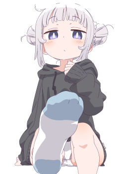 1girl black_hoodie blue_socks blush braid braided_bun dated double_bun drawstring expressionless hair_bun highres hood hood_down hoodie invisible_chair looking_at_viewer loose_hair_strand medium_hair original panties pantyshot purple_eyes samansa_ex simple_background sitting socks solo tabasa_(samansa_ex) underwear white_background white_hair white_panties white_socks
