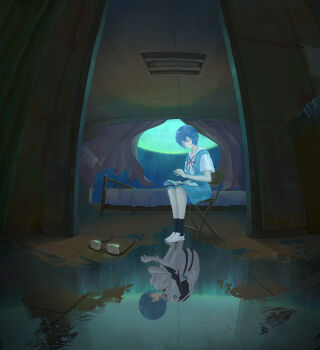 1girl absurdres ayanami_rei bed blue_hair bodysuit broken_eyewear chair curtains different_reflection fisheye glasses hair_between_eyes highres holding holding_magazine hugging_own_legs indoors looking_down lotica magazine_(object) mecha_pilot_suit moon neon_genesis_evangelion night on_chair open_magazine plugsuit_(evangelion) red_eyes reflection reflective_liquid scenery school_uniform shirt shoes short_hair short_sleeves sitting skirt socks solo squatting tokyo-3_middle_school_uniform unworn_eyewear vest water window