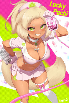 1girl animal_collar animal_ears between_breasts blonde_hair bone_necklace breasts cleavage clipboard clover collar commission crop_top cropped_shirt cross-shaped_pupils curio_(curiofinity) four-leaf_clover gloves green_eyes hand_on_own_hip hat highres holding holding_clipboard indie_virtual_youtuber jewelry large_breasts leaning_forward long_hair looking_at_viewer lucky_pochi miniskirt mole mole_under_eye navel necklace nurse nurse_cap pill pink_gloves pink_shirt pink_skirt pleated_skirt ponytail shirt short_eyebrows short_sleeves signature single_thighhigh skeb_commission skirt solo stomach symbol-shaped_pupils tan teeth thick_eyebrows thigh_strap thighhighs virtual_youtuber white_collar white_thighhighs