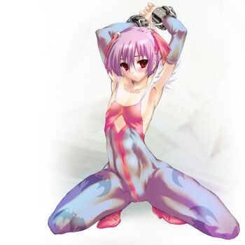 1girl animal_print armpits arms_up bare_shoulders bat_print bat_wings bdsm blush bondage bound capcom chain cuffs darkstalkers demon_girl elbow_gloves female_focus flat_chest gloves head_wings highres kneeling leotard lilith_(darkstalkers) pantyhose print_pantyhose purple_hair red_eyes short_hair skin_tight solo uguisu_kagura wings
