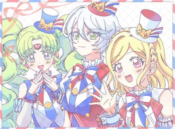 Rule 34 | :d, bare shoulders, blonde hair, blue hat, bow, bowtie, braid, closed mouth, colored eyelashes, crown braid, falulu, falulu (awakened), forehead jewel, green eyes, green hair, grey eyes, grey hair, hair between eyes, hand up, hands up, hat, headphones, idol clothes, ku (kuooss), long hair, looking at viewer, midorikaze fuwari, mini hat, mini top hat, open hand, open mouth, parted bangs, pretty series, pripara, red hat, shikyoin hibiki, short hair, sidelocks, smile, steepled fingers, top hat, twintails, upper body, white hat, wrist cuffs