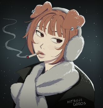 Rule 34 | 1girl, absurdres, aegyo sal, animal ear piercing, artist name, brown eyes, brown hair, cigarette, commentary, earmuffs, english commentary, eyebrow piercing, eyebrows hidden by hair, face piercing, fur scarf, grey scarf, highres, hitsuji (hitsujigoods), mitsu (hitsujigoods), original, piercing, pink lips, portrait, scarf, signature, smoke, smoking, snowing, solo
