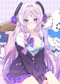 1girl absurdres alternate_costume black_cardigan blue_bow blue_bra blue_eyes blush bow bra braid breasts cardigan citlali_(genshin_impact) citlalin_(genshin_impact) cleavage closed_mouth commentary_request commission facial_mark floating_headgear forehead_mark genshin_impact headgear highres itzpapa_(genshin_impact) long_hair long_sleeves looking_at_viewer medium_breasts multicolored_hair partially_unbuttoned pink_hair pink_pupils purple_bow purple_hair purple_skirt shirt sitting skeb_commission skirt solo sweet_miuk_tea triangle triangle_facial_mark twin_braids twitter_username underwear very_long_hair white_shirt