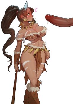 1boy 1girl absurdres artist_name bare_shoulders body_markings bodypaint breasts brown_hair cleavage dark-skinned_female dark_skin facepaint facial_mark female_pubic_hair green_eyes highres holding holding_weapon jewelry large_breasts large_penis loincloth looking_at_penis navel necklace nidalee out_of_frame penis penis_awe piyay23 ponytail precum pubic_hair tattoo tooth_necklace tribal tribal_tattoo weapon