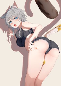 1girl absurdres alternate_costume animal_ears ass bare_arms bare_shoulders between_thighs black_tank_top blue_eyes blush breasts cat_ears cat_tail cipher_(honkai:_star_rail) coin commentary commission cowboy_shot crop_top dolphin_shorts from_behind grey_hair highres honkai:_star_rail honkai_(series) looking_at_viewer looking_back medium_breasts micro_shorts midriff open_mouth raised_eyebrows ramuneru shadow short_hair shorts skeb_commission solo tail tank_top thighs variant_set