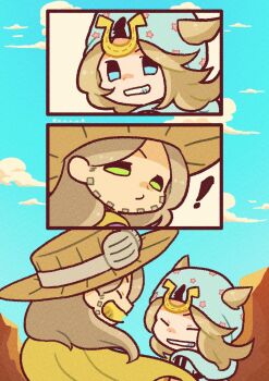 ! 2boys beanie blonde_hair blue_eyes cape chibi chibi_only closed_eyes commentary day facial_hair green_eyes grin gyro_zeppeli hair_through_headwear hat highres johnny_joestar jojo_no_kimyou_na_bouken long_hair looking_back m_a_a_m_8 male_focus multiple_boys outdoors sky smile steel_ball_run