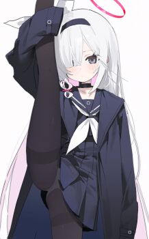 1girl black_choker black_hairband black_pantyhose black_serafuku blue_archive choker hair_over_one_eye hairband halo long_hair measho neckerchief panties panties_under_pantyhose pantyhose plana_(blue_archive) school_uniform serafuku skirt solo split standing standing_on_one_leg standing_split underwear white_hair white_neckerchief