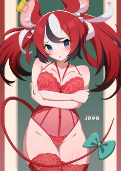 1girl animal_ear_fluff animal_ears arms_under_breasts artist_name black_hair black_streaks blue_eyes blush bow bra breasts commentary double-parted_bangs embarrassed hair_between_eyes hakos_baelz hand_on_own_arm hololive hololive_english jdpr lace lace_bra lace_thighhighs leotard lingerie medium_breasts mouse_ears mouse_tail mousetrap multicolored_hair open_mouth red_bra red_hair red_thighhighs standing tail tail_bow tail_ornament thighhighs thighs twintails underwear uneven_twintails virtual_youtuber white_hair