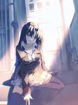 1girl :d akayama_yukihe arm_behind_back black_hair black_jacket black_thighhighs blush breasts button_gap cleavage collarbone collared_shirt commentary_request film_grain foot_out_of_frame grey_skirt hair_spread_out head_tilt highres jacket kurugaya_yuiko large_breasts little_busters! little_busters!_school_uniform long_hair long_sleeves looking_at_viewer miniskirt open_mouth outdoors parted_bangs photo_background plaid_clothes plaid_skirt pleated_skirt purple_eyes school_uniform shirt sidelighting sitting sitting_on_stairs skirt smile smug solo stairs straight_hair thighhighs v v-shaped_eyebrows very_long_hair white_shirt zettai_ryouiki