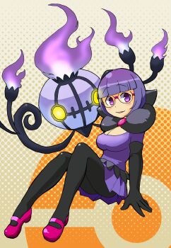 1girl blunt_bangs bob_cut bow breasts chandelier chandelure cleavage elbow_gloves fire gen_5_pokemon ghost glasses gloves highres knees_up large_bow low-cut medium_breasts neck_pillow nintendo pantyhose pokemon pokemon_(creature) pokemon_bw purple_fire purple_hair purple_skirt rimless_eyewear round_eyewear shauntal_(pokemon) short_hair skirt smile yellow_eyes zaido_(acid_cid)